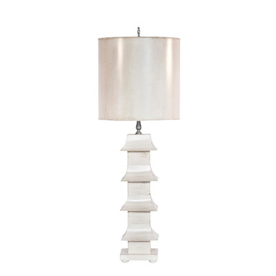 Antiqued Cream Painted Tole Pagoda Lamp With 11" Dia Painted Tole Shade
