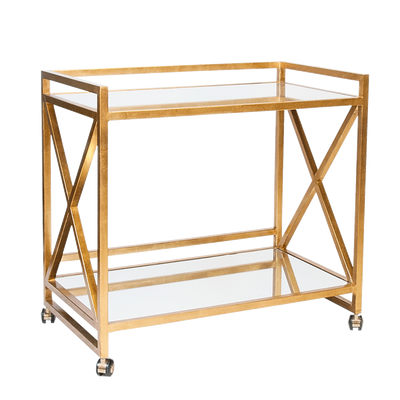 Gerard Gold Leafed "X" Bar Cart With Mirrored Tops