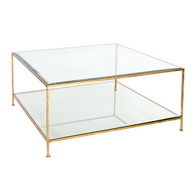 Quadro Hammered Gold Leaf Square Coffee Table With Beveled Glass Tops