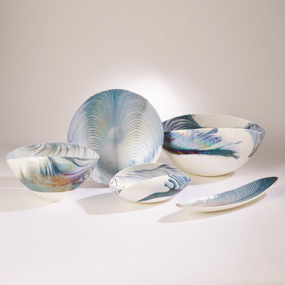 Global Views Ivory Turquoise Feather Swirl Oval Bowl - Sm