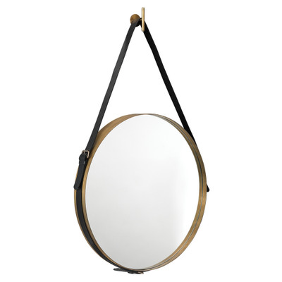 Jamie Young Round Mirror - Large - Antique Brass Metal w/ Black Leather Strap