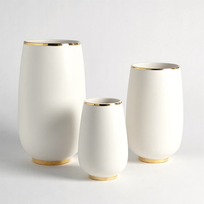 Gold Rim Bulb Vase - White - Med