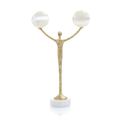 Brass Figure Balancing Two Selenite Balls