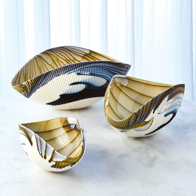 Global Views Pleated Bowl - Amber/Blue Filigree - Lg