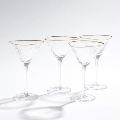 Global Views S/4 Hammered Martini Glasses Clear with Gold Rim
