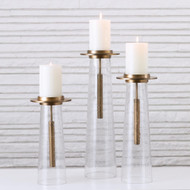 Seeded Glass Pillar Holder - Antique Brass - Lg