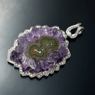 18 karat White Gold, Diamond Halo and Amethyst  Slab Pendant