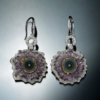 18 karat White Gold, Diamond Halo and Amethyst Slab Earrings