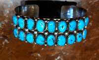 NAVAJO PAWN VINTAGE NUGGET DOUBLE ROW 18 STONE TURQUOISE BRACELET