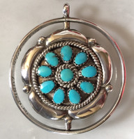 REVERSIBLE VINTAGE STERLING SILVER ZUNI TURQUOISE/CORAL PENDANT SIGNED FRED & ELSIE