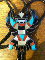 ZUNI BOLO TIE VINTAGE STERLING TURQUOISE SHELL CORAL KNIFEWING