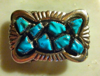 VINTAGE STERLING SILVER & TURQUOISE BELT BUCKLE G&L LEEKITY ZUNI 