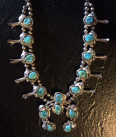 NAVAJO SMALL SIZE SQUASH BLOSSOM NECKLACE TURQUOISE LEAF MOTIF