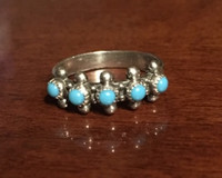 ZUNI PETTIPOINT 5 STONE TURQUOISE RING SILVER 7 3/4 