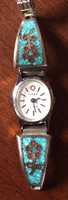 VINTAGE PAWN SANDCAST CHIP INLAY TURQUOISE & CORAL FLOWER MOTIF TIMEX WOMANS WATCHBAND 1970'S
