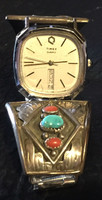 1970's NAVAJO WATCH TIPS TURQUOISE & CORAL SILVER OVERLAY LEAF MOTIF J.TSO 