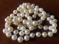 Genuine White Pearl Knotted 6mm Beaded Necklace 24"L 14K Fishhook Clasp