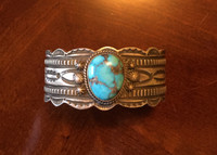 BRACELET NAVAJO SINGLE STONE TEARDROP TURQUOISE STAMPED SILVER FRED MALONEY SIZE 6 1/2"
