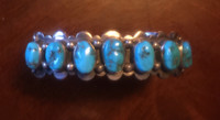 BRACELETS NAVAJO HEAVY NARROW STERLING SILVER CUFF SCALLOPED EDGED MULTI OVAL STONE TURQUOISE  SIGNED A STERLING J SIZE 6 1/2"