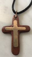 PENDANT WOODEN CROSS SILVER BRASS BLACK SILK CORD