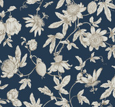 RT7856 - Navy Passion Flower Toile Wallpaper
