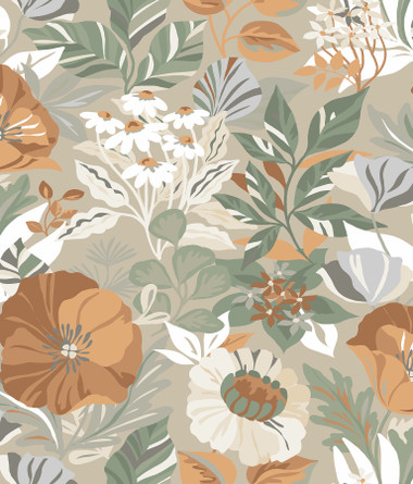 Charm your space with this muted botanical print from RoomMates! Modern florals in gentle grey and orange bloom against a taupe backdrop. Installation is as simple as Peel, Stick…Done!™ Poppy Fields Linen Peel and Stick Wallpaper comes on one roll that measures 20.5 inches wide by 18 feet long.