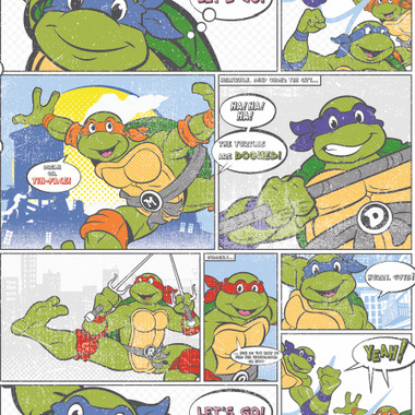 Unleash the nostalgia and adventure with officially-licensed Teenage Mutant Ninja Turtles Comic peel and stick wallpaper. Leonardo, Michelangelo, Donatello, and Raphael appear in a retro comic style with their catchphrases and signature poses captured in storyboard frames. Immerse yourself in the epic world of your favorite heroes in a half-shell in just Peel, Stick…Done!™ Teenage Mutant Ninja Turtles Comic Peel and Stick Wallpaper comes on one roll that measures 20.5 inches wide by 18 feet long.