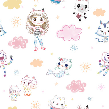 Transform your space into a world of playful adventure with this officially-licensed Gabby’s Dollhouse peel and stick wallpaper print! This lively print features Gabby and her lovable cat companion Pandy Paws, as well as Cakey, MerCat, CatRat, Mama and Baby Box, and DJ Catnip surrounded by colorful clouds and stars. A Gabby’s Dollhouse lover’s dream, this renter friendly and removable wallpaper installs in as little as Peel, Stick…Done!® Gabby's Dollhouse Sketch Characters Peel and Stick Wallpaper comes on one roll that measures 20.5 inches wide by 18 feet long.