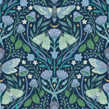 Add some woodland whimsy to your space with this enchanted forest peel and stick wallpaper by RoomMates Décor. Charming mushrooms and foliage make way for graceful moths and butterflies in this cottagecore damask print. Enchanted Forest Damask Blue Peel and Stick Wallpaper comes on one roll that measures 20.5 inches wide by 18 feet long.
