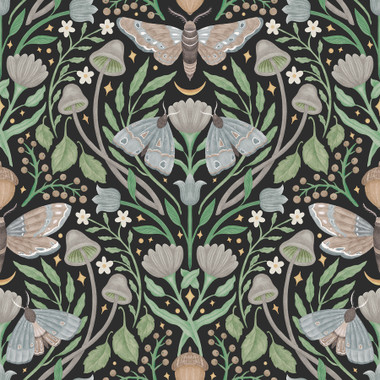 Add some woodland whimsy to your space with this enchanted forest peel and stick wallpaper by RoomMates Décor. Charming mushrooms and foliage make way for graceful moths and butterflies in this cottagecore damask print. Enchanted Forest Damask Black Peel and Stick Wallpaper comes on one roll that measures 20.5 inches wide by 18 feet long.