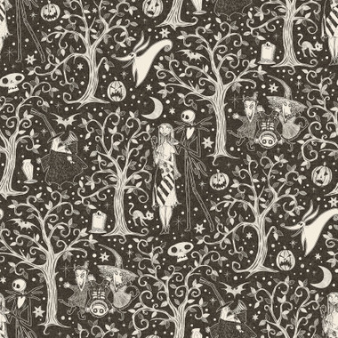 This swirling forest toile print captures the haunting beauty of Disney Tim Burton’s The Nightmare Before Christmas. Disney’s Jack Skellington and Sally, Zero the dog, the Mayor, and other beloved characters meander through a forest of dormant trees and jack-o-lanterns in this romantic peel and stick wallpaper print by RoomMates. Installation is as simple as Peel, Stick…Done!® Disney Tim Burton's The Nightmare Before Christmas Sepia Forest Peel and Stick Wallpaper comes on one roll that measures 20.5 inches wide by 18 feet long.