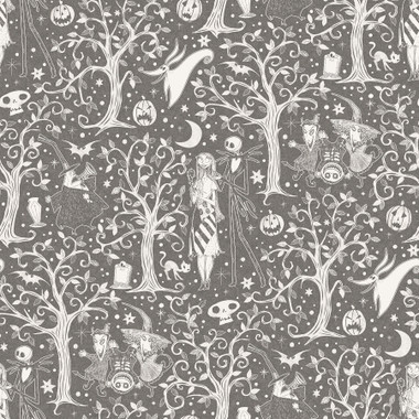 This swirling forest toile print captures the haunting beauty of Disney Tim Burton’s The Nightmare Before Christmas. Disney’s Jack Skellington and Sally, Zero the dog, the Mayor, and other beloved characters meander through a forest of dormant trees and jack-o-lanterns in this romantic peel and stick wallpaper print by RoomMates. Installation is as simple as Peel, Stick…Done!® Disney Tim Burton's The Nightmare Before Christmas Grey Forest Peel and Stick Wallpaper comes on one roll that measures 20.5 inches wide by 18 feet long.