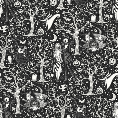 This swirling forest toile print captures the haunting beauty of Disney Tim Burton’s The Nightmare Before Christmas. Disney’s Jack Skellington and Sally, Zero the dog, the Mayor, and other beloved characters meander through a forest of dormant trees and jack-o-lanterns in this romantic peel and stick wallpaper print by RoomMates. Installation is as simple as Peel, Stick…Done!® Disney Tim Burton's The Nightmare Before Christmas Black Forest Peel and Stick Wallpaper comes on one roll that measures 20.5 inches wide by 18 feet long.