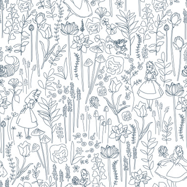 An enchanting woodland linework print featuring Disney’s Alice, the Cheshire Cat, and the White Rabbit venturing through talkative florals and mysterious mushrooms. Perfect for Disney lovers, this botanical peel and stick wallpaper print from RoomMates brings the whimsy of Walt Disney’s Alice in Wonderland to your space in as little as Peel, Stick…Done!® Disney Alice in Wonderland Navy Garden Peel and Stick Wallpaper comes on one roll that measures 20.5 inches wide by 18 feet long.