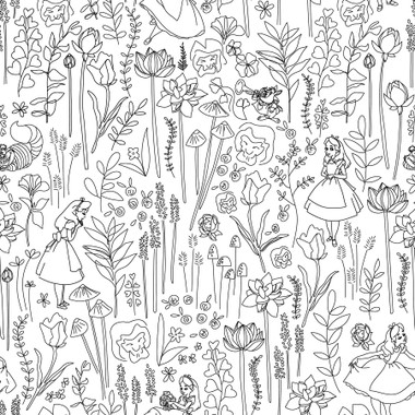 An enchanting woodland linework print featuring Disney’s Alice, the Cheshire Cat, and the White Rabbit venturing through talkative florals and mysterious mushrooms. Perfect for Disney lovers, this botanical peel and stick wallpaper print from RoomMates brings the whimsy of Walt Disney’s Alice in Wonderland to your space in as little as Peel, Stick…Done!® Disney Alice in Wonderland Black Garden Peel and Stick Wallpaper comes on one roll that measures 20.5 inches wide by 18 feet long.