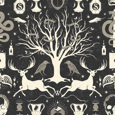 Embrace the wonder of Harry Potter™ while adding a touch of elegance and wizarding whimsy to your home with this officially licensed Harry Potter Horcrux Damask peel and stick wallpaper. Featuring a forest scene with the silhouettes of Patronuses, the Whomping Willow™ , and the 7 Horcruxes, this damask print is the perfect backdrop for any Harry Potter lover’s space, and installs in just Peel, Stick…Done!® Harry Potter Horcrux Damask Black Peel and Stick Wallpaper comes on one roll that measures 20.5 inches wide by 18 feet long.