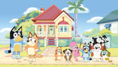 Say Hooray! This officially licensed Bluey peel and stick wall mural brings the lovable series to your space in just Peel, Stick…Done!® Featuring Bluey, Bingo, Bandit, Chilli and their friends outside the family house on sunny day, this cheerful mural is sure to add the delightful spirit of the series to your walls. Bluey Friends and Family Peel and Stick Wall Mural contains 7 panels that each measure 18-in by 72-in and measures 10.2-ft wide by 6-ft tall when assembled.