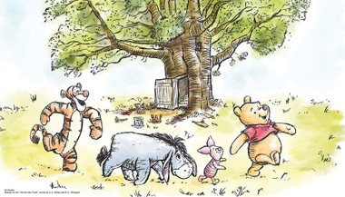 Illustrative and whimsical, this officially-licensed Disney Winnie the Pooh peel and stick wallpaper mural is the perfect accent for any nursery or playroom! Seven panels feature a lively watercolor illustration of Winnie the Pooh, Piglet, Eeyore, and Tigger march along in front of Pooh Bear's treehouse. Installing this charming character wall mural is as simple as Peel, Stick, Done!™