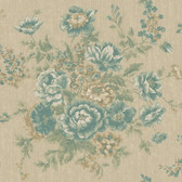 Rhapsody Rose Tapestry Wallpaper-VR3400 -champagne beige satin- teal- aqua- antique white- honey tan- blue/green