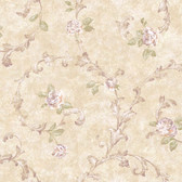 Rhapsody Rose Scroll Wallpaper-VR3440 -pale gold pearl- dusted beige- cream- mushroom- russet- dusted leaf green