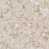 Rhapsody Rose Scroll Wallpaper-VR3442 -silver- taupe- mushroom- mulberry- nectarine- dusted leaf green