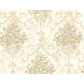 Rhapsody Floral Urn Wallpaper-VR3466 -clouded white- antique gold shine- muted lilac- taupe- wintergreen