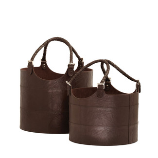 Nested Espresso Leather Buckets- Set of 2