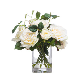 White Roses in Small Cylinder Glass Vase