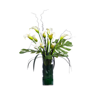 Callas & Tropical Foliage in Cylinder Glass Vase