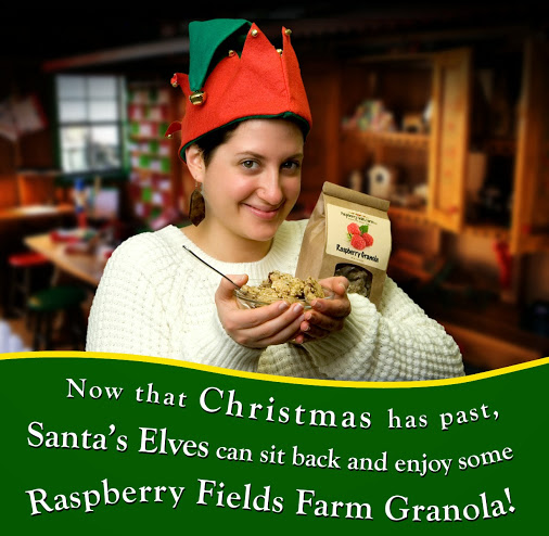 Raspberryfieldsfarm.com's holiday promotion—Santa's Evles enjoying Raspberry Fields Farm's artisan granola Raspberryfieldsfarm.com's holiday promotion—Santa's Evles enjoying Raspberry Fields Farm's artisan granola