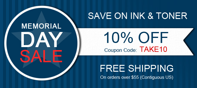 Memorial Day sale 10% off coupon Memorial Day sale on printer ink and toner + free shipping offer