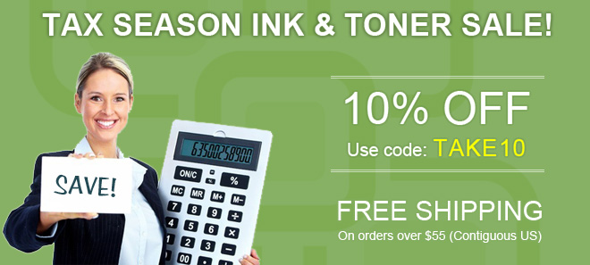 Tax season sale 10% off coupon Tax season sale on printer ink and toner + free shipping offer