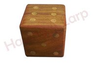 Wooden dice box with 5 dice.
The dots, on both the small dice and the box, are all inlaid with brass, to match the hinge.
