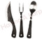 Knife, spoon, and 2 prong fork set, made from stainless steel, has a great wrought iron look to it.

All three items are made with a forged-iron-look and have a small hole in their handle you can put a leather string through to carry them with you, essential at any medieval banquet table.
